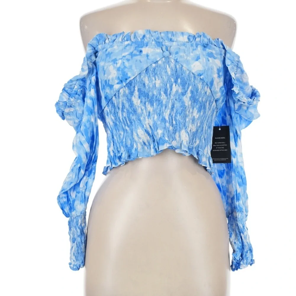 Faithfull The Brand Willow Smocked Blue Floral Top Puff Sleeve Square Neck 8 NWT